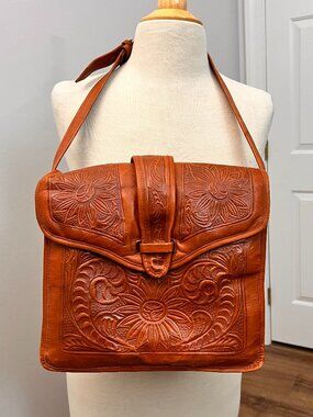 Vintage Hand Tooled Genuine Leather El Venado Purse 70s Mex Floral Mayan Craft